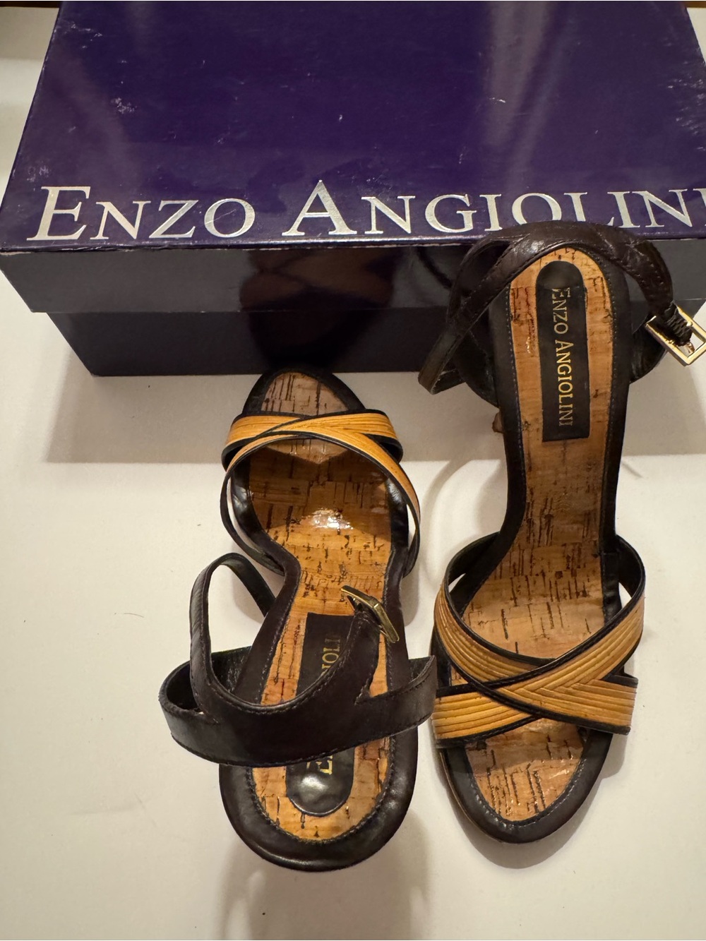 Enzo Angiolini Dark Brown and Mustard Strappy Cork-Insole Heels